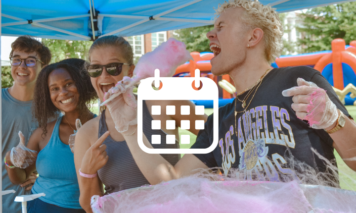 Calendar icon with students in the background making cotton candy.